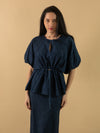 Indigo Denim Pleated Top and Skirt Set